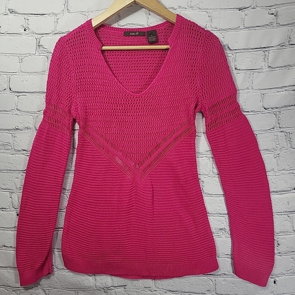 Anthropologie Heather B Sweater Womens S Long Sleeve Hot Pink Cotton Open Weave